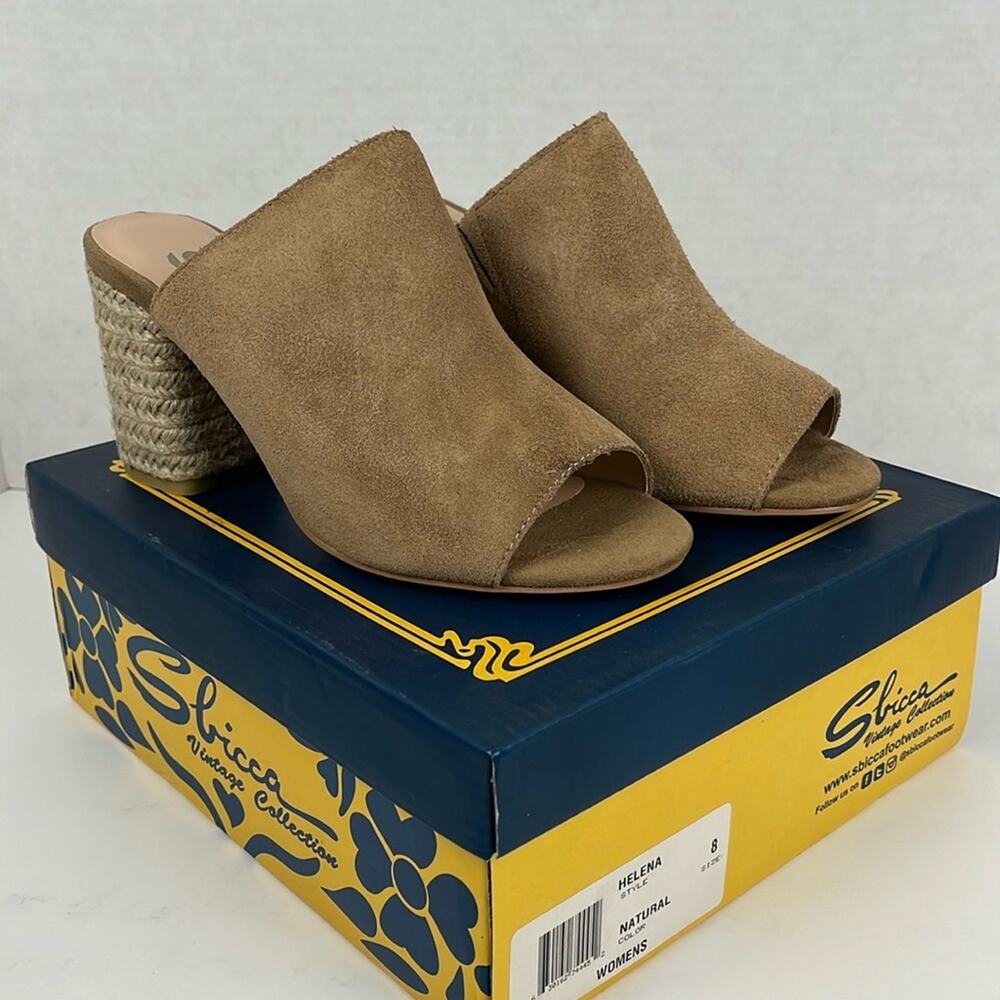 Sbicca Helena Slip On Mules Shoes Heels Tan/Natural Suede Size 8 Stacked Heel